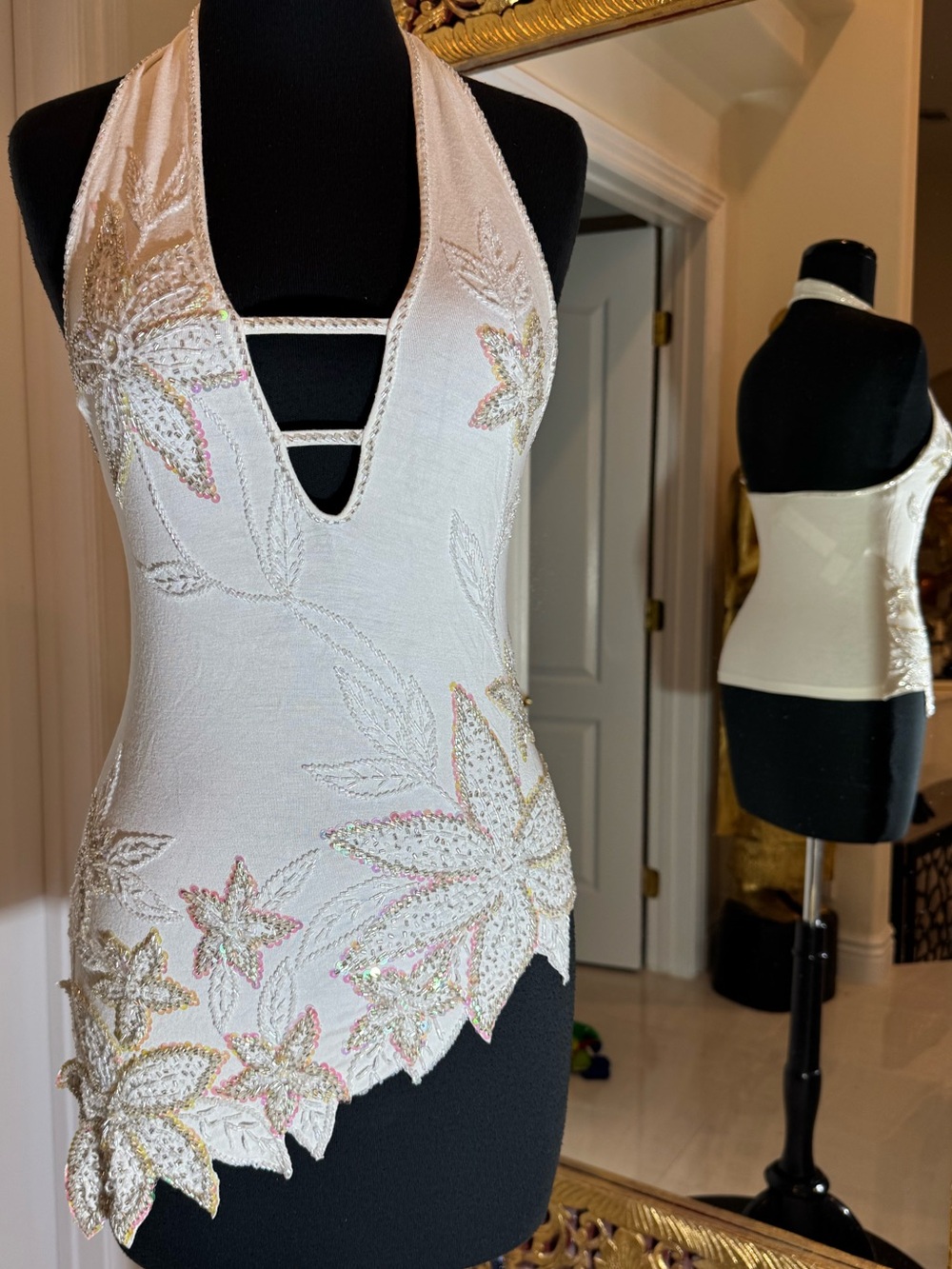 White Embellished hand beaded stretch Halter Camisole Top